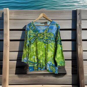 Jane Ashley Womans Top Green Blue Paisley Beaded Size 1X 3/4 Sleeve Cotton